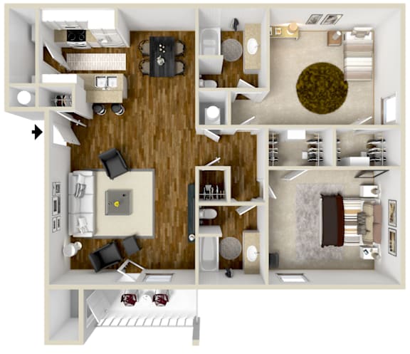 Floor Plan  2x2 The Prominence | 1,186 Sq. Ft. at Highpointe Apartment Homes, Mississippi  , 39042