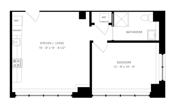 A black and white image of a floor plan for a 1 bedroom, 1 bathroom apartment.