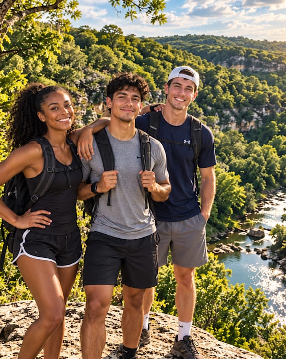 Three people standing on a rocky outcrop with a river and trees in the background.