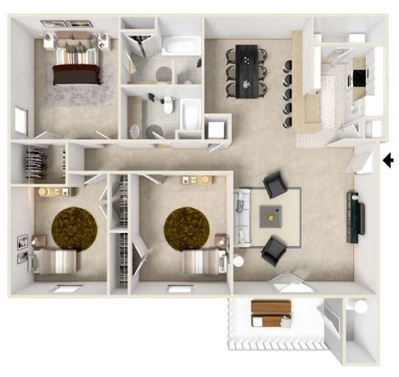 Floor Plan  Three bedroom floor plan for rent | 1,408 Sq. Ft. at Reserve at Gulf Hills Apartment Homes in Ocean Springs, MS