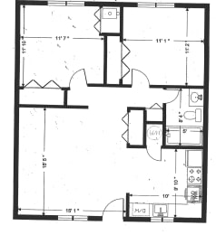2 Bedroom 1 Bath Standard 806 Sq. Ft Floor Plan at Woodland Pointe Apartments and Townhomes, Integrity Realty, Kent, OH, 44240