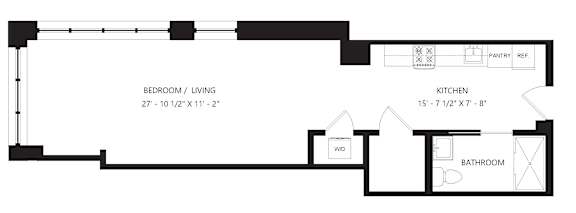 A black and white floor plan of a studio apartment with one bathroom.