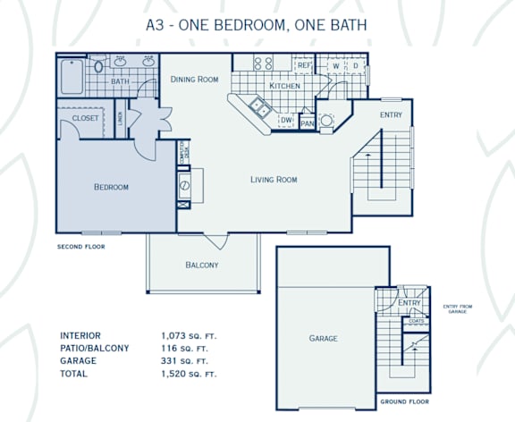 Floor Plan  A floor plan for a one bedroom apartment with one bath.