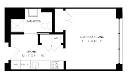 A black and white floor plan of a studio apartment with a bathroom, kitchen, and bedroom.