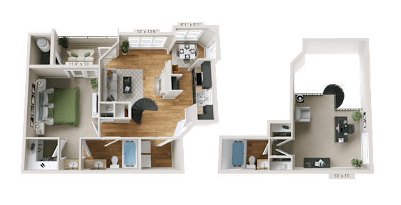 A 3D floor plan of a two-bedroom apartment with a living room, kitchen, and bathroom