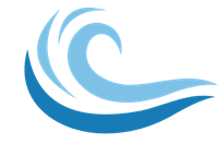 A blue wave logo on a black background.