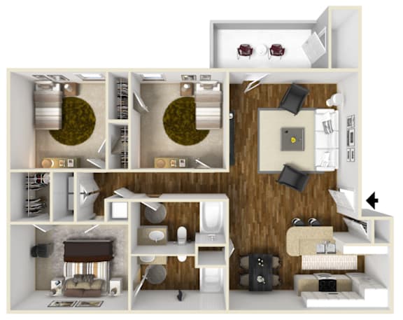 Three Bedroom Floor Plan | 1,305 Sq. Ft. at Lagniappe of Biloxi Apartment Homes, Biloxi, MS