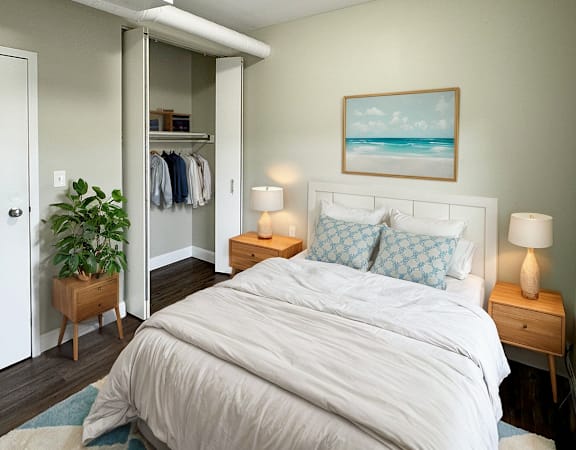 a bedroom with a bed and a closet