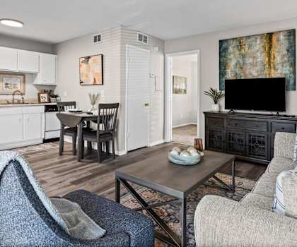 A living room with a grey couch and a coffee table.