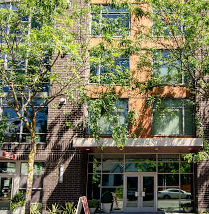 A modern building with a tree growing out of the entrance.