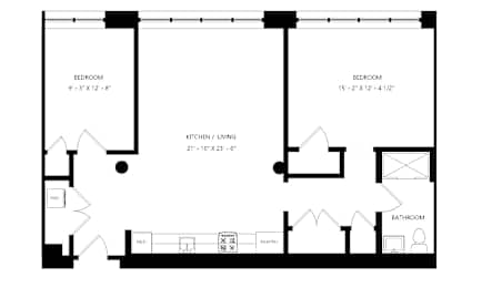 A floor plan of a small apartment with two bedrooms and one bathroom.