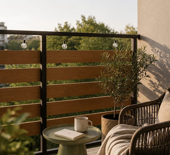 A small table with a book and a cup on it sits on a balcony.