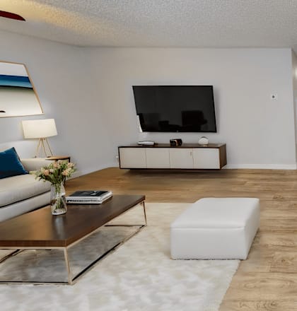 a living room and dining room with a table and chairs and a television