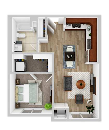 Floor Plan  A floor plan of a house with a kitchen, living room, and bathroom.