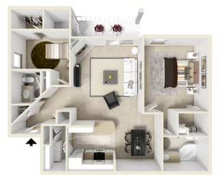 One bedroom floor plan for rent | 1,180 Sq. Ft. at Parkwest Apartment Homes in Hattiesburg, MS