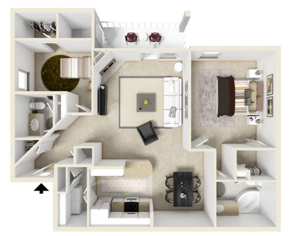 One bedroom floor plan for rent | 1,180 Sq. Ft. at Parkwest Apartment Homes in Hattiesburg, MS