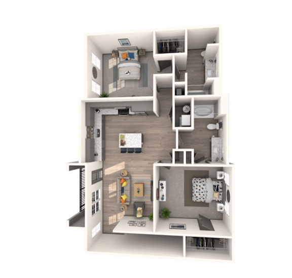 A 3D floor plan of a small apartment with a kitchen, living room, and bedroom.