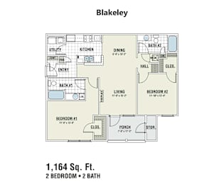 A floor plan for a 1,164 square foot home with two bedrooms and two baths.