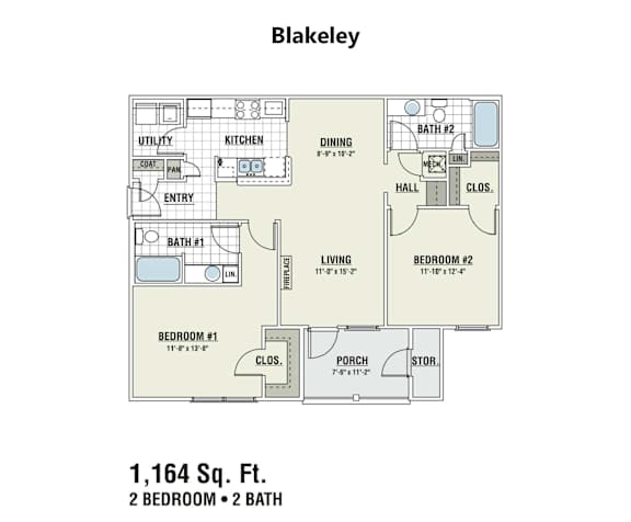 A floor plan for a 1,164 square foot home with two bedrooms and two baths.