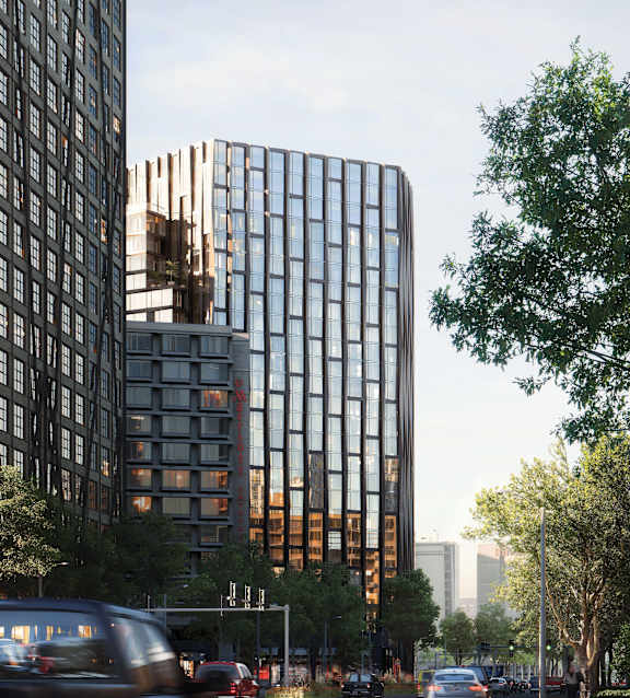 a rendering of a tall building on a city street