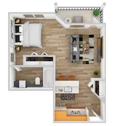 A floor plan of a small apartment with a kitchen, living room, and bedroom.
