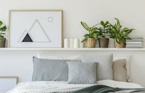 a bedroom with white walls and a white shelf with potted plants on it