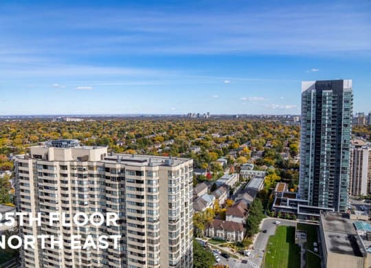 an aerial view of a city with tall buildings and trees