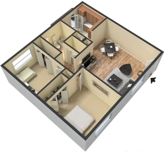 The 2-bedroom, 1-bathroom 812 square foot tile floor plan at Serenity Lake Apartments in Tampa
