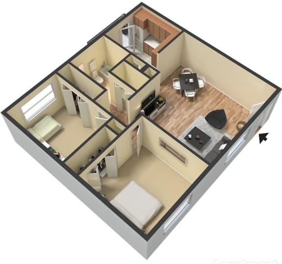 The 2-bedroom, 1-bathroom 812 square foot floor plan at Serenity Lake Apartments in Tampa