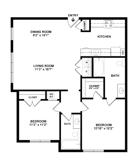 A black and white image of a floor plan for a house with a living room, dining room, kitchen, and two bedrooms.
