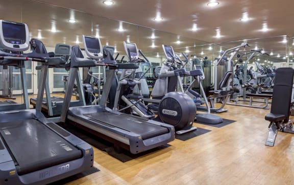 a gym with rows of treadmills and other exercise equipment at L'Estancia, Studio City, 91604