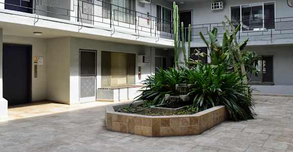 seating area and fountain in the courtyard