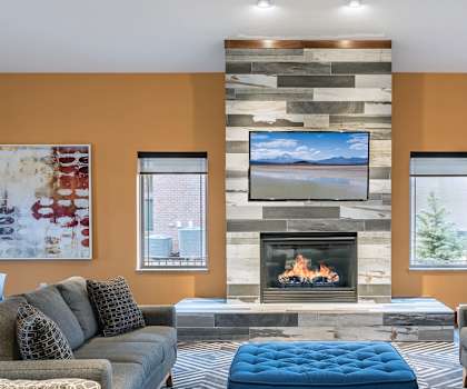 clubhouse great room with couches chairs and a fireplace