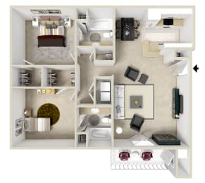 The Dude Two bedroom and Two bathroom Floor Plan | 1,026 Sq. Ft. at Crossgates Apartment Homes, Mississippi