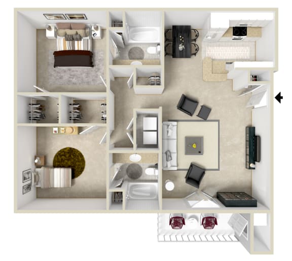 The Dude Two bedroom and Two bathroom Floor Plan | 1,026 Sq. Ft. at Crossgates Apartment Homes, Mississippi
