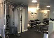 Thumbnail 14 of 26 - A gym with a row of treadmills and a row of dumbbells.