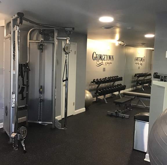 A gym with a row of treadmills and a row of dumbbells.