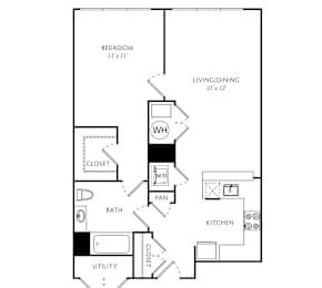 A floor plan for an apartment at the Baxter shows a bedroom, living/dining area, kitchen, bathroom, and closet.