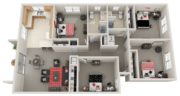 A 3D floor plan of a house with a kitchen, living room, and bathroom.