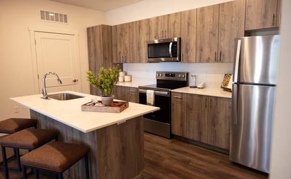 Kitchen with Wood Accents at Ridge View Apartments