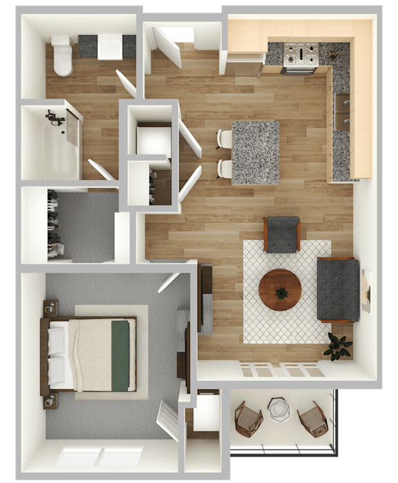 A top-down view of a small apartment with a kitchen, living room, and bedroom.