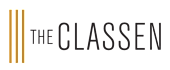 The image shows a logo with the text "THE CLASSEN" in white with three vertical lines in gold to the left of the text.
