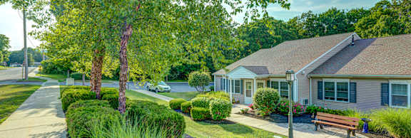 A residential area with a house, trees, and a bench.