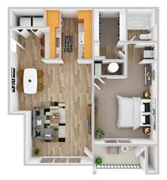 A floor plan of a small apartment with a living room, kitchen, and bathroom.