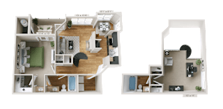A 3D floor plan of a two-bedroom apartment with a living room, kitchen, and bathroom