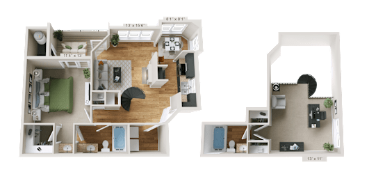 A 3D floor plan of a two-bedroom apartment with a living room, kitchen, and bathroom