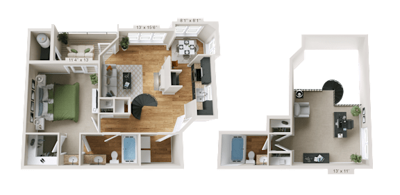 A 3D floor plan of a two-bedroom apartment with a living room, kitchen, and bathroom