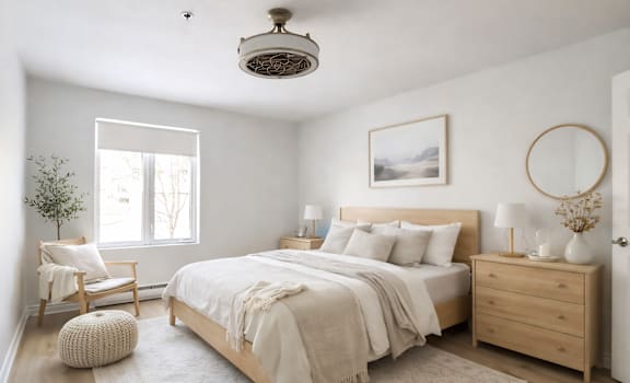 A bedroom with a large bed, a chair, and a plant.