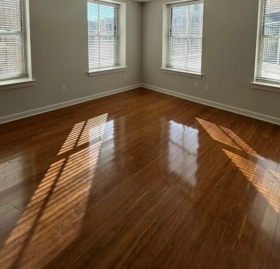 A room with wooden floors and three windows letting in sunlight.