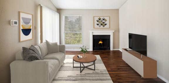 living room with fireplace at Great Hills, Texas, 78759